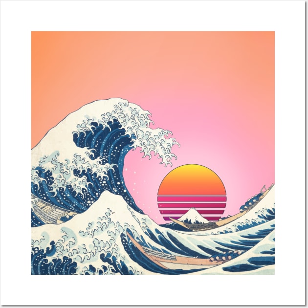 Retro Great Wave off Kanagawa with vintage rising sun and pastel sky Wall Art by Vane22april